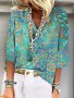 Women's 3/4 Sleeve V-Neck Blouse Polyester Elastane Blend Casual Geometric Pattern All-Season Knit Fabric Loose Fit Shirt For Adults