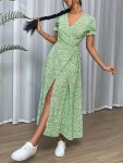 Floral Print Surplice Neck Dress Elegant Puff Sleeve Tie Side A-line Midi Dress For Spring & Summer Women's Clothing