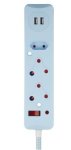 Switched 3 Way Surge Protected Multiplug With Dual 2.4A USB Ports 0.5M Braided Cord Blue