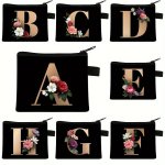 Trendy 26 Letter Floral Print Coin Purse Simple Zipper Coin Storage Bag Portable Card Holder