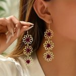 Boho Style Gold-tone Floral Dangle Earrings With Purple Center Elegant Hollow Tassel Design - Versatile Iron Drop Earrings For D