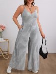 Plus Size Solid Ribbed Spaghetti Strap Jumpsuit Elegant Sleeveless Side Pockets Jumpsuit Women's Plus Size Clothing
