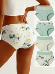 4PCS Colorblock Cute Print Briefs Simple & Comfy High Waist Intimates Panties Women's Lingerie & Underwear