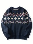 Men's Autumn And Winter Ethnic Style Geometric Pattern Knit Crew Neck Long Sleeve Sweater Chic And Trendy Tops For Outdoors And