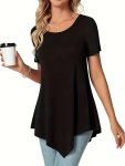 Asymmetrical Hem Crew Neck T-Shirt Short Sleeve Casual Top For Summer & Spring Women's Clothing