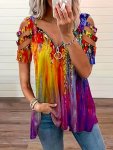 Cut Out Sleeve Colorful Print T-Shirt Casual Zipper Front Summer T-Shirt Women's Clothing