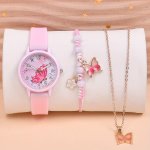3PCS SET Silicone Strap Girls Butterfly Quartz Watch & Adjustable Woven Rope Bracelet & Pendant Necklace