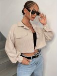 Button Front Fake Pockets Crop Jacket Elegant Long Sleeve Jacket For Fall & Winter Women's Clothing