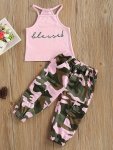 Baby's "blessed" Print 2PCS Trendy Summer Outfit Halter Neck Camo Top & Camouflage Pattern Pants Set Toddler & Infant Girl's Clo