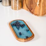Acacia Wood Oblong With Enamel Server Aqua