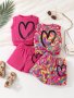 Girl's Sleeveless 2 Sets Multicolor & Solid Heart Graphic Rib-knit Tank Tops + Shorts Set Casual Style Vacation Summer Outfits