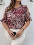 Plus Size Paisley Print Tie Cuff Blouse Boho Split Sleeve Crew Neck Blouse For Spring & Summer Women's Plus Size Clothing