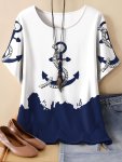 Plus Size Boat Anchor Print T-Shirt Casual Crew Neck Short Sleeve Top For Spring & Summer Women's Plus Size Clothing