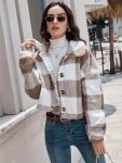 Plaid Pattern Button Front Teddy Coat Versatile Long Sleeve Winter Thermal Outwear Women's Clothing