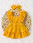 Baby Girl's 2PCS Dress Muslin Set Ruffle Trim Layer Hem Dress With Accessory Headband Toddler Summer Clothing