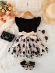 Baby's Velvet Flower Pattern Mesh Splicing Dress Elegant Cap Sleeve Belted Dress Infant & Toddler Girl's Clothing For Summer spr