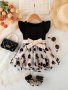 Baby's Velvet Flower Pattern Mesh Splicing Dress Elegant Cap Sleeve Belted Dress Infant & Toddler Girl's Clothing For Summer/spring As Gift