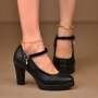 Women's Solid Color Platform Shoes Ankle Strap Soft Sole Chunky Heel Shoes Versatile Round Toe Shoes