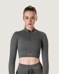Ribbed Statement Zip-up Long Sleeve - Grey - Small