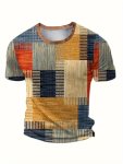 Color Block Digital Print Men's Casual Stretch Short Sleeve Crew Neck T-Shirt Summer Outdoor
