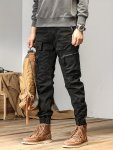 Men's Solid Cargo Pants With Multi Pockets Drawstring Cotton Blend Joggers For Outdoor