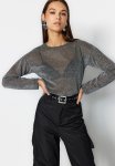 Lurex Crew Neck Regular Fit Sheer Tulle Knitted Blouse - Black