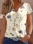 Contrast Lace Floral Print Blouse Casual V Neck Short Sleeve Blouse Women's Clothing