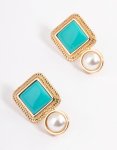 Goldair Gold Square Pearl Stud Earrings