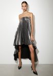 Pleated High Low Trapeze Dress - Black silver
