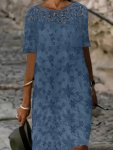 Plus Size Casual Dress Women's Plus Solid Floral Embroidery Contrast Lace Half Sleeve Round Neck Loose Fit Dress