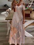 Marble Print Cold Shoulder Dress Elegant Short Sleeve Lace Strap Backless Dress For Spring & Summer Women's Clothing