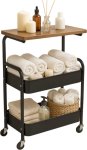 2 Tier Mobile Utility Cart With Wooden Table Black Carbon Steel Wooden Kitchen Trolley