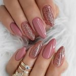 24PCS Set Of Medium Almond Press-on Nails In Peach Pink With Glitter Accents Includes Jelly Adhesive & Nail File - Perfect For D