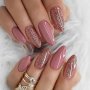 24pcs Set Of Medium Almond Press-On Nails In Peach Pink With Glitter Accents Includes Jelly Adhesive & Nail File - Perfect For DIY Manicures