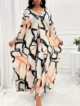 2 Pcs Abstract Print Cover Up & Pants Outfit Batwing Sleeve V Neck Split Hem Cover Up & Tie High Waist Wide Leg Pants