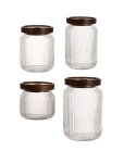 Ribbed Glass Food Storage Jar Set Stackable Canister With Wooden Lid 4 Pack