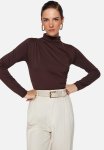 Gathered High Neck Snap Elastic Knitted Bodysuit - Brown