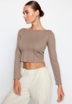 Stitching Detail Carmen Collar Fitted Knitted Blouse - Beige