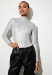 Sequins Turtleneck Bodysuit - Matte Silver
