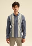 Polo Mens Vertical Stripe Long Sleeve Golfer - Blue