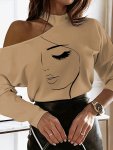 Abstract Face Print T-Shirt Casual Cut Out Long Sleeve T-Shirt Women's Clothing