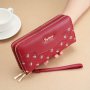 1PC Embroidered Multifunctional Ladies Wallet With Wristlet Casual Style Pu Material Double Zipper Thickened Design Multiple Card Slots Phone Pocket