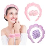 Spa Headband 1PC Padded Puffy Hair Hoops 2PCS Wristbands For Face Wash Skincare Makeup Hair Accessories For Women Girls