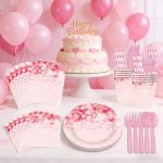 192 Pcs Pink Heart Party Tableware Serves 24 Disposable Birthday Party Supplies With Plates Cups Napkins Cutlery And Straws For