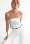 Leafy Shiny Strapless Fitted Stretchy Knitted Blouse - Grey