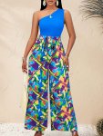 Floral Print One Shoulder Jumpsuit Vacation Style Sleeveless Tie Waist Wide Leg Jumpsuit For Spring & Summer Women's Clothing