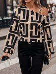 Greek Print Asymmetric Neck Blouse Elegant Long Sleeve Chain Strap Blouse For Spring & Fall Women's Clothing