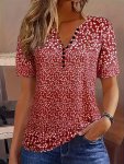 Allover Print Button Front V Neck Blouse Casual Short Sleeve Top For Spring & Summer Women's Clothing