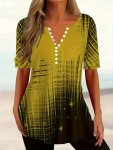 Plus Size Casual T-Shirt Women's Plus Random Print Short Sleeve V Neck Slight Stretch Henley T-Shirt
