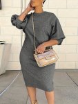 Plus Size Casual Dress Women's Plus Solid Lantern Sleeve Round Neck Slim Fit Dress